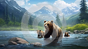 Generative AI. A brown bear with cubs came to a clear mountain river to hunt and catch some fish. A predatory animal