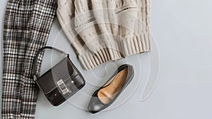 Generative AI Brown pants in check beige knitted oversize sweater cross body bag black loafers or flat shoes on gr