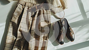 Generative AI Brown pants in check beige knitted oversize sweater cross body bag black loafers or flat shoes on gr