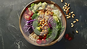 Generative AI Buddha bowl dish with chicken fillet, brown rice, avocado, pepper, tomato, broccoli, red cabbage, ch