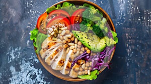 Generative AI Buddha bowl dish with chicken fillet, brown rice, avocado, pepper, tomato, broccoli, red cabbage, ch