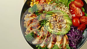 Generative AI Buddha bowl dish with chicken fillet, brown rice, avocado, pepper, tomato, broccoli, red cabbage, ch