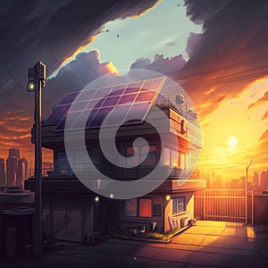 Generative AI building with solar panels in a sunset
