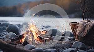 Generative AI, Burning bonfire, beautiful winter landscape, camping outdoor concept