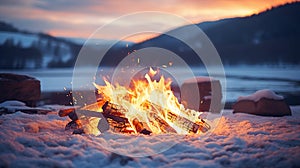 Generative AI, Burning bonfire, beautiful winter landscape, camping outdoor concept