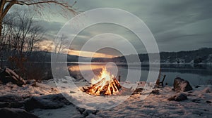 Generative AI, Burning bonfire, beautiful winter landscape, camping outdoor concept