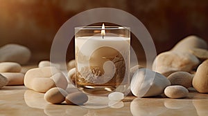 Generative AI, burning candle on beige background. Aesthetic composition with stones and dry flowers. photo