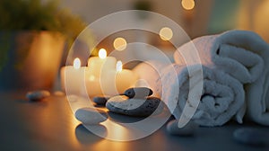Generative AI Burning candles, stones and towel on massage table in spa salon business concept.