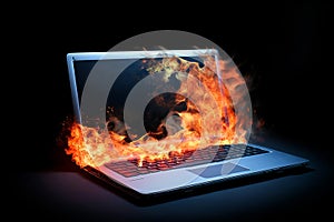 Generative Ai. Burning computer notebook: technology failure and data loss concept