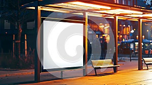 Generative AI bus shelter with blank ad panel billboard display empty white lightbox sign at bus stop billboard mo