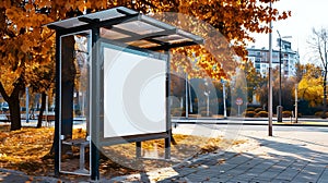 Generative AI bus shelter with blank ad panel billboard display empty white lightbox sign at bus stop billboard mo