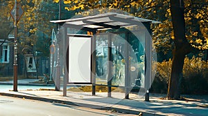 Generative AI bus shelter blank ad panel billboard display empty white lightbox sign at busstop glass and aluminum