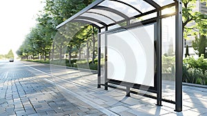 Generative AI bus shelter at busstop blank white lightbox empty billboard and ad placeholder glass and aluminum st