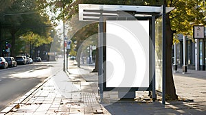 Generative AI bus shelter at busstop. blank white lightbox. empty billboard. bus shelter ad. glass and aluminum st