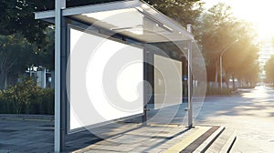 Generative AI bus shelter at busstop. blank white lightbox. empty billboard. bus shelter ad. glass and aluminum st