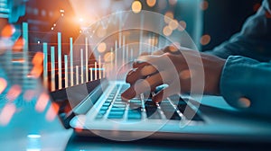 Generative AI Business finance data analytics graph chart report, man using laptop computer hand typing investment