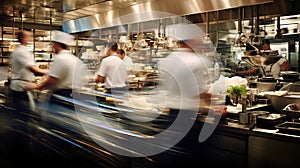 Generative AI, busy chefs working on the restaurant kitchen in motion blur