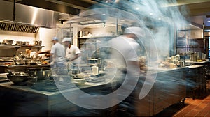 Generative AI, busy chefs working on the restaurant kitchen in motion blur