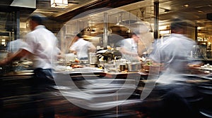 Generative AI, busy chefs working on the restaurant kitchen in motion blur