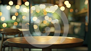 Generative AI cafe restaurant or coffee shop with abstract bokeh lights defocused blur background with table for p