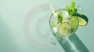 Generative AI Caipirinha Mojito cocktail vodka or soda drink with lime mint and straw on table background Refreshi