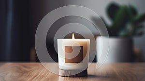 Generative AI, candle with label mockup. Aesthetic minimalistic composition