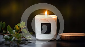 Generative AI, candle with label mockup. Aesthetic minimalistic composition