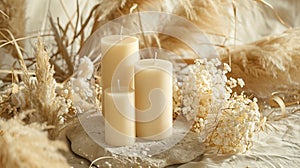 Generative AI Candles with blank paper label on beige stone near dried pampas grass Close up copy space Boho brand