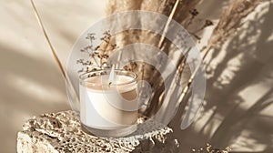Generative AI Candles with blank paper label on beige stone near dried pampas grass Close up copy space Boho brand