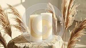 Generative AI Candles with blank paper label on beige stone near dried pampas grass Close up copy space Boho brand