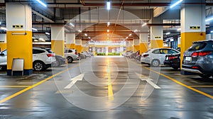 Generative AI Car Parking Lot Floor Area of Shopping Mall, Perspective View Empty of Car Park Structure Building a