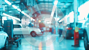 Generative AI car service centre auto repair workshop blurred panoramic background business concept.