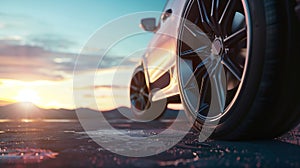 Generative AI Car on sky background Car wheels close up on a background of asphalt Car tires Car wheel closeup for