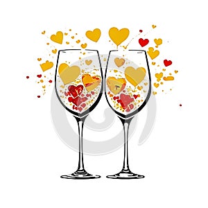 Generative AI,Celebrate beautiful love with a glass of wine with hearts.