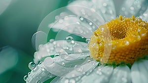 Generative AI Chamomile or camomile flower with drops of water on the white petals after rain on the green backgro