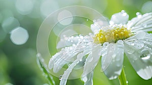 Generative AI Chamomile or camomile flower with drops of water on the white petals after rain on the green backgro