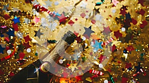 Generative AI Champagne bottle with confetti stars holiday decoration and party streamers on gold festive backgrou