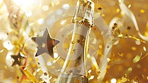 Generative AI Champagne bottle with confetti stars holiday decoration and party streamers on gold festive backgrou