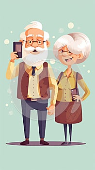 Generative AI Cheerful middle aged woman and her husband pensioner reacts on shocking news keeps hand on spectacle