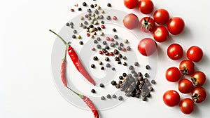 Generative AI Cherry Tomatoes red hot chili Pepper fragrant black pepper peas on a White Background Background wit