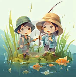 Generative AI Children Fishermen Having Fun-