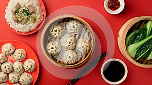 Generative AI Chinese dinner table with steamed pork baozi dumplings pak choi and rice isolated on a red backgroun