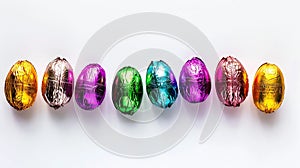 Generative AI Chocolate easter eggs wrapped in foil Colorful rainbow candy isolated on white background Holiday an