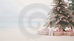 Generative AI, Christmas on the beach. Gifts, Christmas tree, palm, ocean