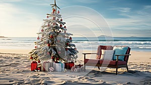 Generative AI, Christmas on the beach. Gifts, Christmas tree, palm, ocean