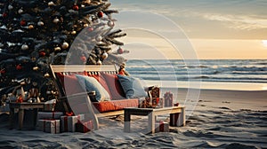 Generative AI, Christmas on the beach. Gifts, Christmas tree, palm, ocean