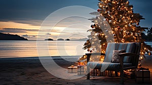 Generative AI, Christmas on the beach. Gifts, Christmas tree, palm, ocean