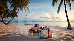 Generative AI, Christmas on the beach. Gifts, Christmas tree, palm, ocean