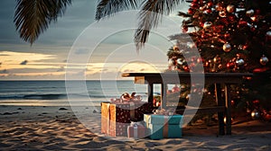 Generative AI, Christmas on the beach. Gifts, Christmas tree, palm, ocean