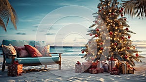 Generative AI, Christmas on the beach. Gifts, Christmas tree, palm, ocean